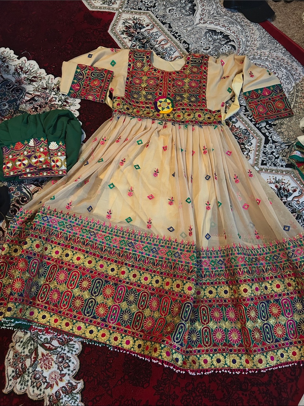 Women’s Embroidered Beige & Multicolor Traditional Afghan Dress - Brand: